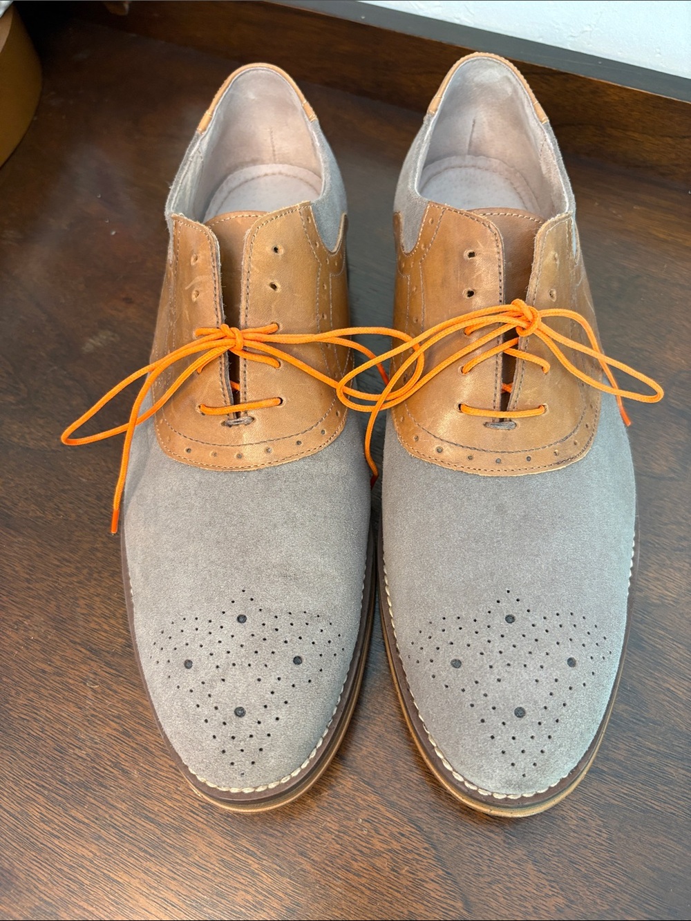 Johnston & Murphy Gray Suede and Tan Leather Oxfords with Orange Laces